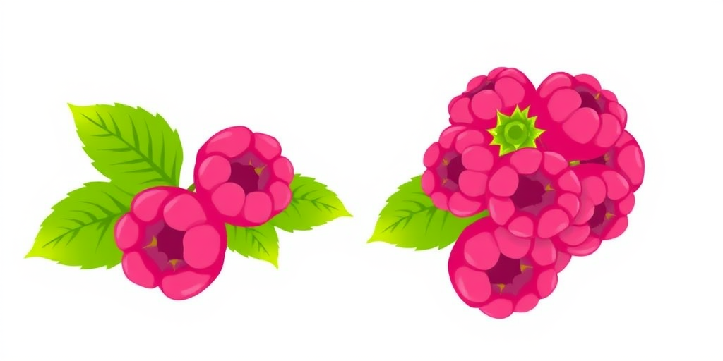 create a cartoon-style illustration of a cluster of pink raspberries with green leaves on a simple background