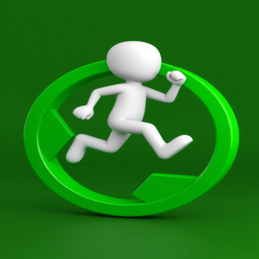 Create a high-resolution 3D render of a white stick figure running inside a circular green recycling symbol, using a DSLR camera with a 50mm lens, aperture set to f/2.8, shutter speed 1/250s, ISO 100, in a soft focus style to enhance the image quality.