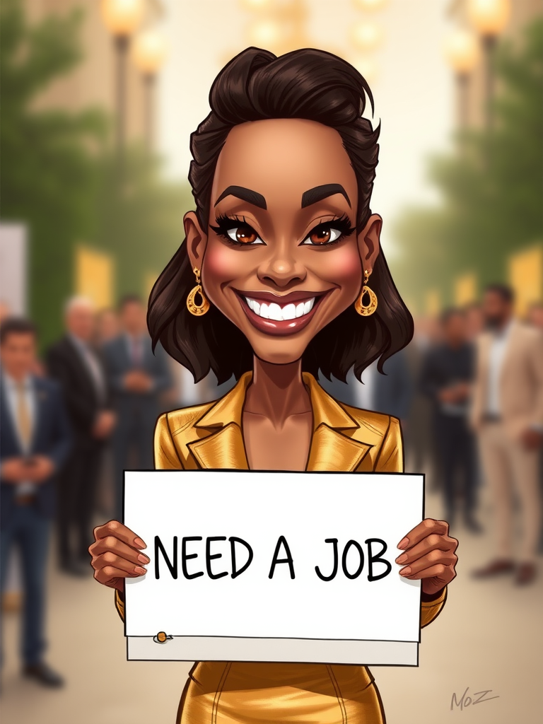 caricature of a smiling Zoe Saldana in a Gold dress or suit, holding up a sign that says "NEED A JOB", no watermark,