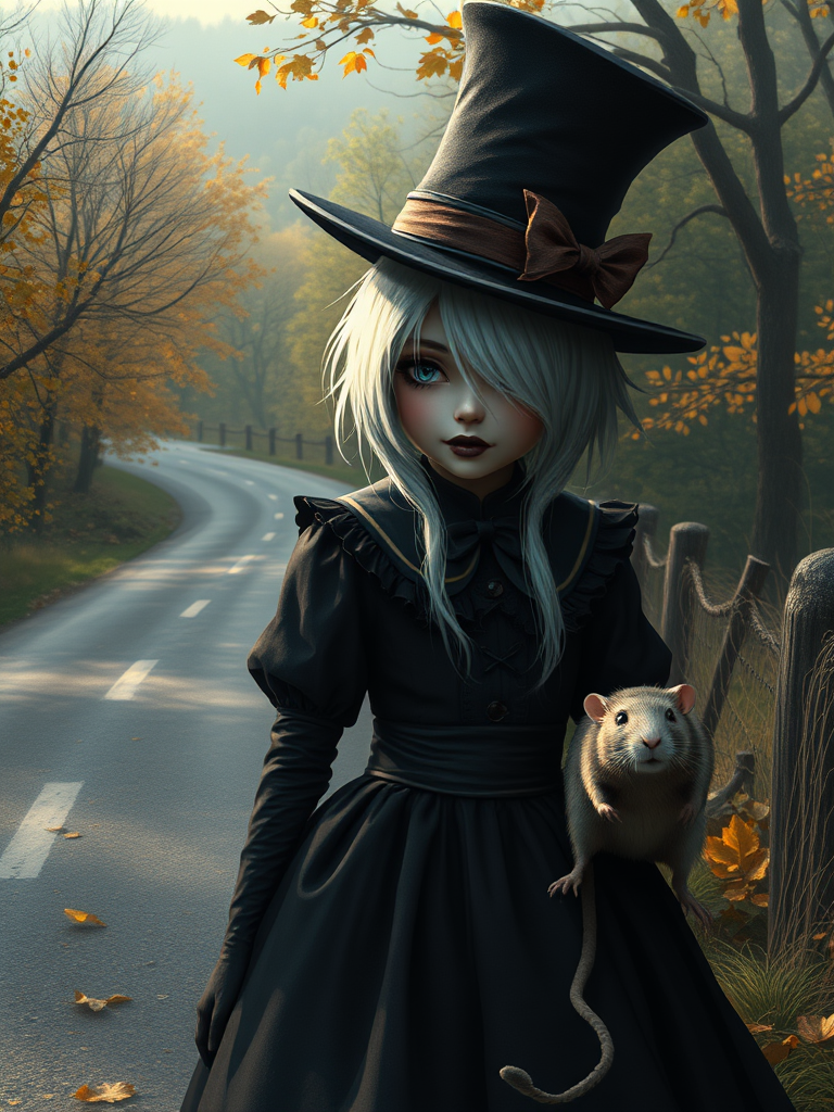 digital art fantasy depicting a strange girl with white hair, long eyelashes, black lipstick and a tall hat walking along a winding road on an autumn afternoon, an Rat smiles as she passes