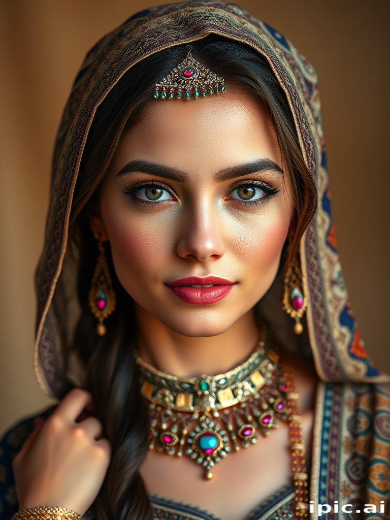 Create a portrait of a beautiful woman with striking hazel eyes and a gentle expression. She is adorned in traditional attire with intricate patterns, including a richly embroidered headscarf and matching garments. Her jewelry includes a delicate headpiece, dangling earrings, and ornate bracelets, all featuring vibrant gemstones and detailed metalwork. The background is soft and warm, enhancing the rich colors of her outfit and jewelry.