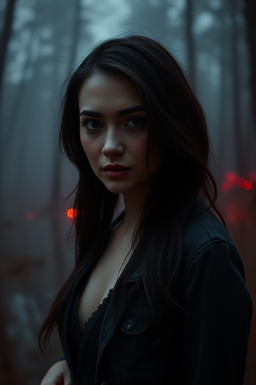 Create a high-resolution portrait of a mysterious woman with dark hair and striking features, standing in a foggy forest at twilight, illuminated by red and orange ambient light reflecting off the water, using a DSLR camera, 50mm lens, f/1.8 aperture, ISO 200, and a shallow depth of field for a dramatic effect.