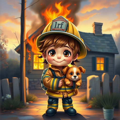 airbrushed oil painting, pixar style, cute little girl in fireman gear, helmet, tousled hair, expressive eyes, standing in the doorstep of a cottage burning behind him, holding a cute little dog in her arm, atumn sky