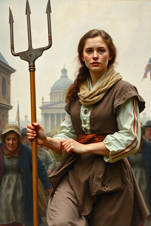 Beautiful impressionistic oil painting of a woman in the 1870s in france during the french revolution holding a three-pronged simple pitchfork and leading a rabble of shouting people to the bastille. She is clothed in french peasant clothing of the early 19th century and has a determined look on her face