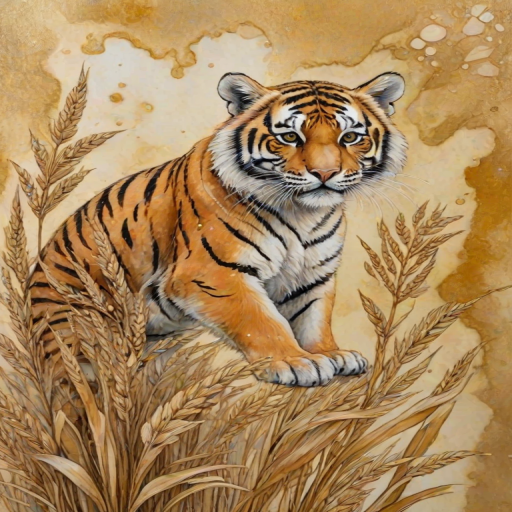 Soft, muted Alcohol Ink with ebru effect background image of tiny whimsical tiger, who climbed high on the top of a golden rye ear.