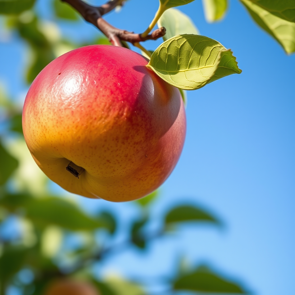 Capture a close-up of a ripe quince hanging from a tree branch against a clear blue sky, with a DSLR camera set to f/2.8 aperture, 1/200s shutter speed, ISO 100, using a macro lens at a low angle for enhanced detail and vivid color.