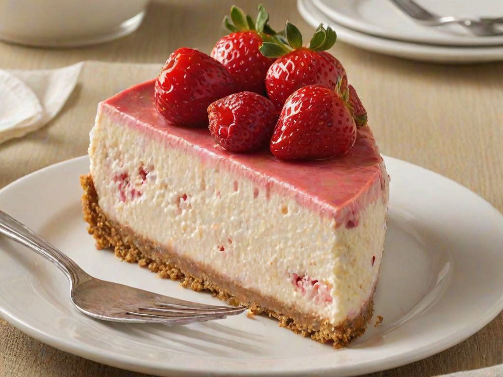 Generate an image of a layered strawberry cheesecake. The cake should have a smooth, creamy texture with distinct pink and white layers. It should be topped with fresh strawberry slices and dollops of whipped cream. The crust should be crumbly and golden, and the cake should be presented on a white plate with a slice cut out to reveal the layers. Include some whole strawberries around the plate for decoration.