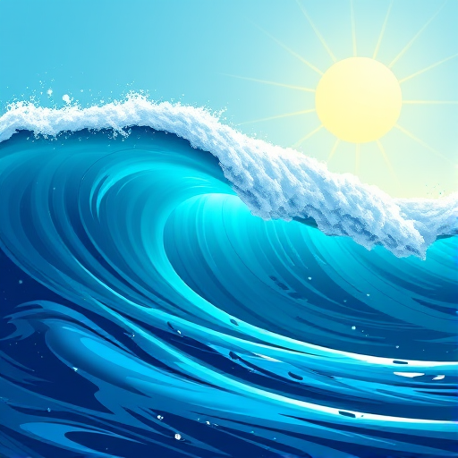 Create a vibrant illustration of crashing ocean waves under a stylized sun, using bright turquoise and deep blue colors with white highlights, captured with a DSLR camera at f/8 aperture, ISO 200, 50mm lens, with a dynamic angle to accentuate wave motion and texture.