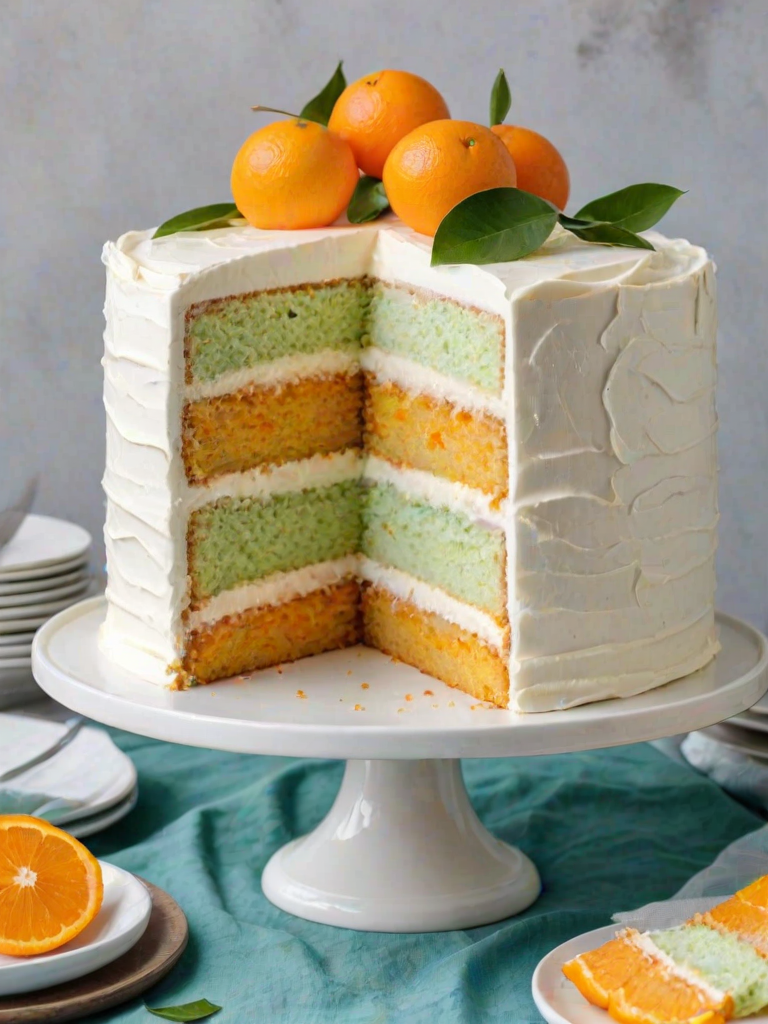 Generate an image of a layered cake with a smooth white frosting. The top is decorated with a slice of orange and a few green leaves. The cake is displayed on a white cake stand, with one slice cut out to show the interior, which has a light yellow cake texture. The background includes a light blue cloth and a whole orange beside the cake.