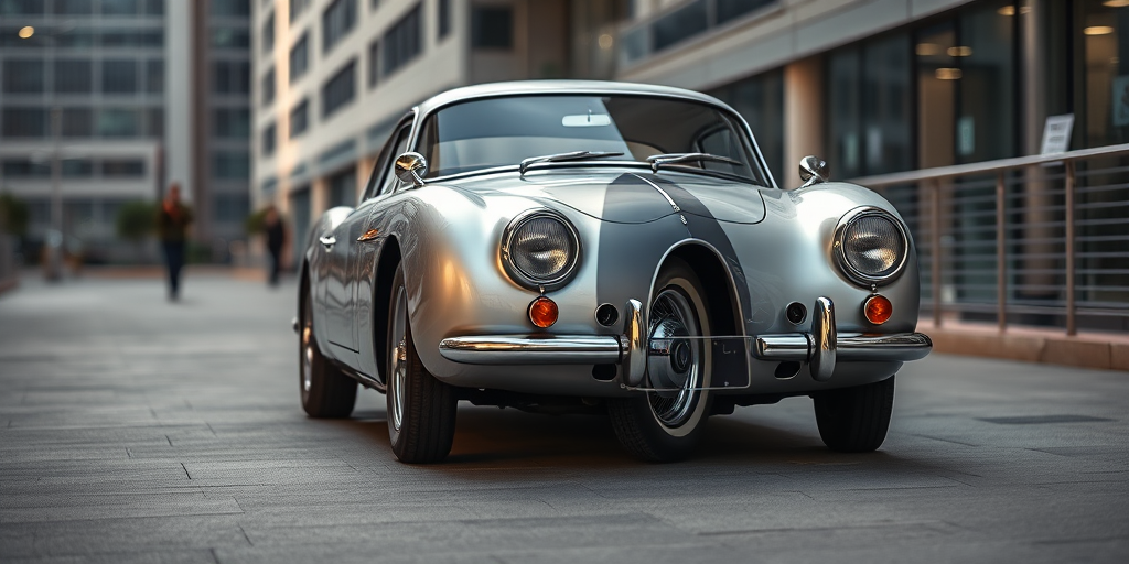 Create a high-resolution image of a silver vintage car parked in a modern urban setting, using a DSLR camera with a 35mm lens, aperture f/2.8, ISO 100, 1/200 sec shutter speed, frontal view with soft natural lighting to enhance details and reflections.