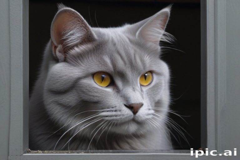 A Majestic Silver Cat with Striking Yellow Eyes Gazes Out a Window.
