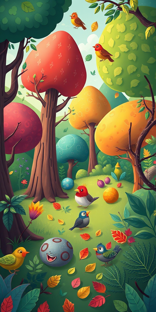 Create a vibrant cartoon-style illustration of various trees, colorful birds, and leaves in a whimsical forest setting, using a digital camera with a focal length of 50mm, aperture set to f/8, ISO 100, top-down view, and high saturation for enhanced color quality.