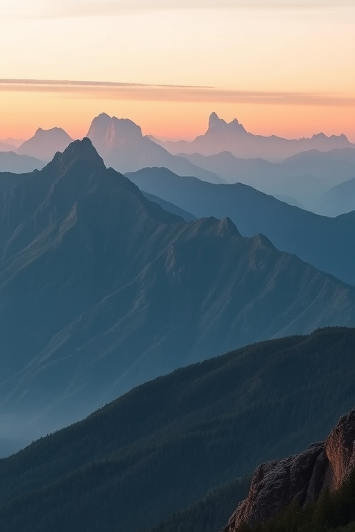 generate a digital painting of a mountain landscape with layered peaks, soft pastel sky, and misty valleys, using a Canon EOS R5 camera, 50mm lens, f/8 aperture, ISO 100, and a wide angle view to enhance depth and clarity.
