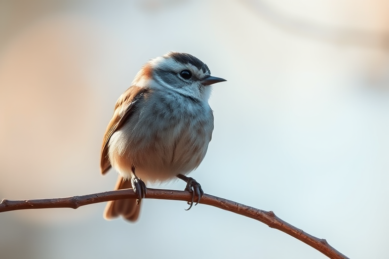 Capture a close-up of a small bird perched on a branch, with a soft blurred background, using a DSLR camera, 85mm lens, aperture f/2.8, shutter speed 1/250s, ISO 200, in natural daylight.