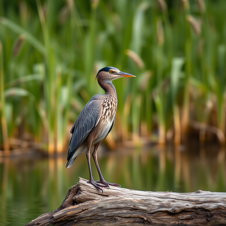 A sharp, detailed image of a bird standing on a log by the water, with tall grass in the background, captured with a DSLR camera at f/4, 1/500s, ISO 200, using a 300mm lens, in a natural setting with soft lighting, focus on the bird with a shallow depth of field.