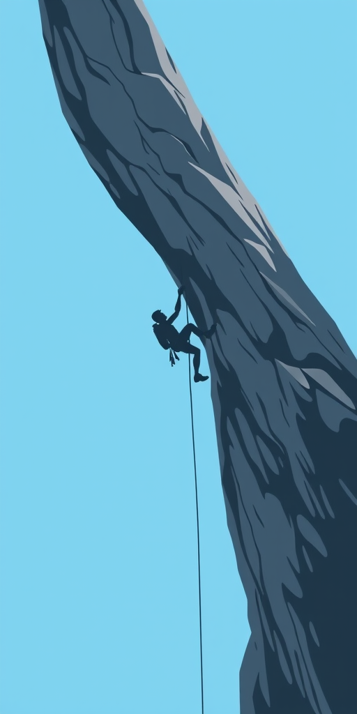 Create a vector illustration of a climber scaling a steep, gray rock formation against a pastel blue background, using a DSLR camera with a 35mm lens, f/8 aperture, ISO 100, and a wide-angle view to enhance image clarity and detail.