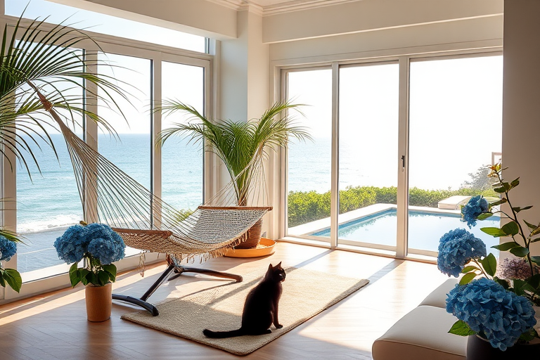 Create an interior scene of a relaxing lounge with a hammock, palm tree, black cat, blue hydrangeas, and a pool, bright sunlight streaming through large windows overlooking a serene ocean view, use a wide-angle lens, f/4 aperture, ISO 100, and 1/200 sec shutter speed for enhanced image quality.