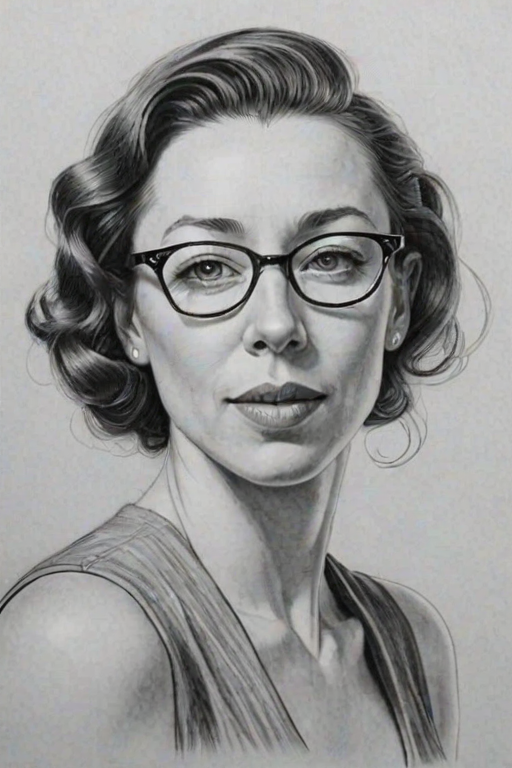 Pleasing Molly Parker, pencil sketch, portrait of Alluring woman 1934s in glasses, hair style beatnik, outline, clear lines, fine lines, 8k