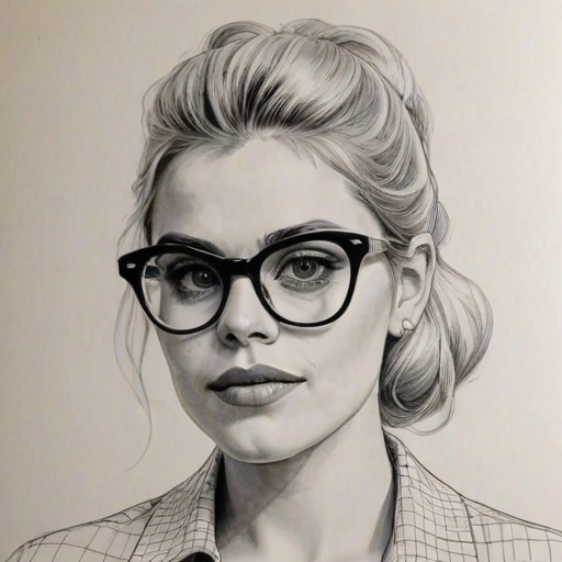 Charming Busy Philipps, pencil sketch, portrait of Comely woman 1965s in glasses, hair style beatnik, outline, clear lines, fine lines, 8k