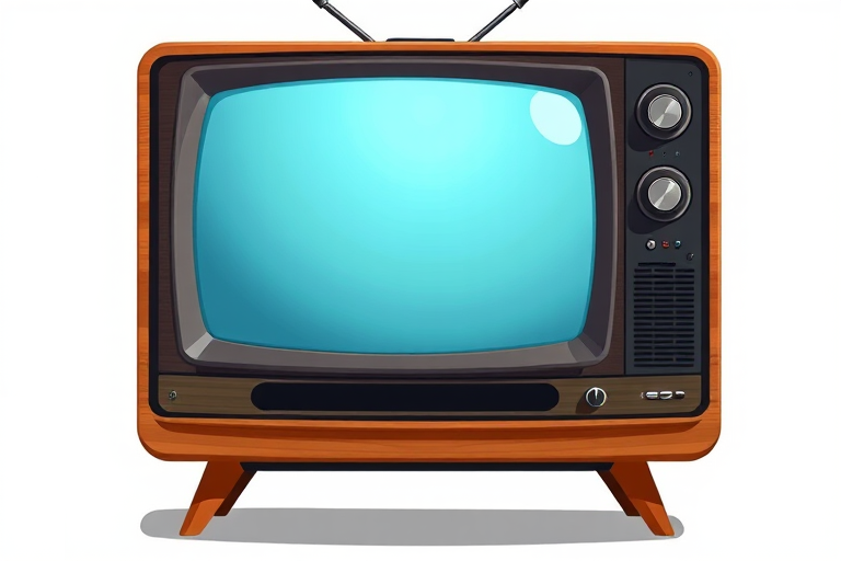 Create a high-resolution illustration of a retro television set with a wooden finish, soft blue screen, and antenna, shot from a slight angle to showcase its three legs, using a DSLR camera with a 50mm lens, f/1.8 aperture, 1/60 shutter speed, and ISO 200 for enhanced clarity and warm colors.