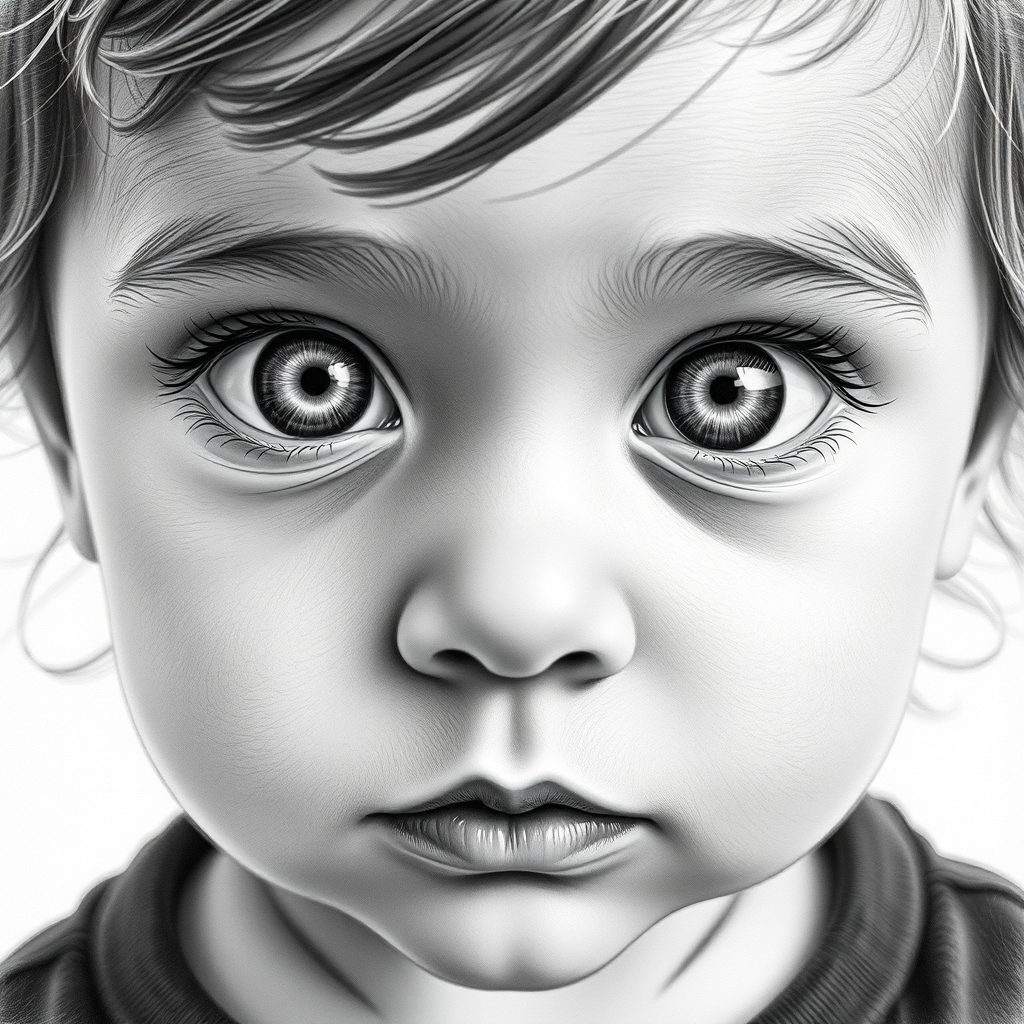 A hyperdetailed photorealistic black and white sketch of a beautiful toddler with deep white eyes, with a macro focus