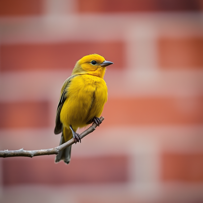 A vibrant yellow bird perched on a branch against a blurred brick wall background, captured with a Canon EOS-1D X Mark III, 85mm lens, f/2.8 aperture, ISO 400, shallow depth of field for enhanced focus on the bird.