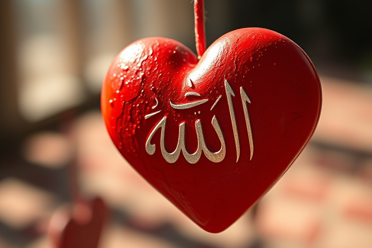 Create an artistic representation of a red heart with the Arabic calligraphy of "Allah" inside it, using a Canon EOS R5 with a 50mm f/1.2 lens, shooting in natural light, with a shallow depth of field and high contrast to enhance the textures and colors.