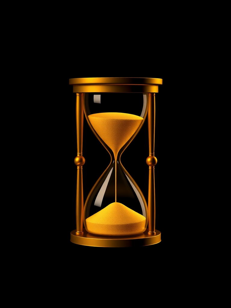Generate a high-resolution image of a golden hourglass icon on a black background, using a DSLR camera, f/1.8 aperture, 50mm lens, ISO 100, with soft ambient lighting to enhance details and contrast.