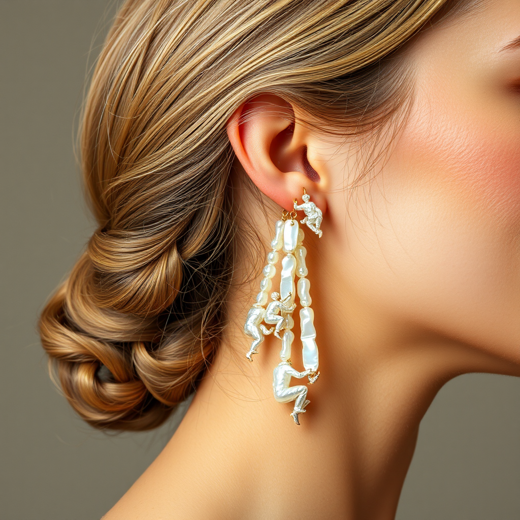 beautiful young lady with hair done up, and an exquisite pair of earings, made from mother of pearl, shimmering, and composed of different men in poses as he climbs up the long earing