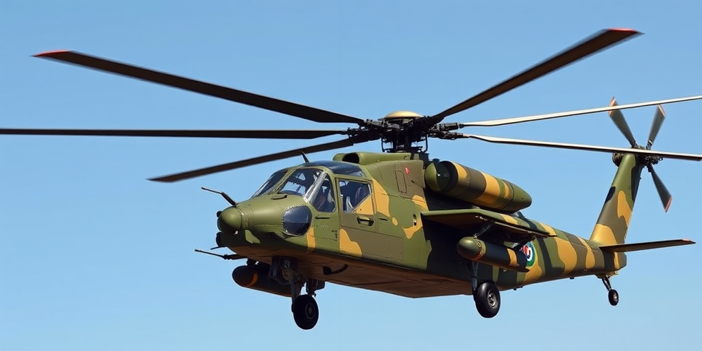 Create a detailed illustration of a military helicopter in a camouflage pattern, focusing on a side view with a clear blue sky background, using a DSLR camera with a 50mm lens at f/2.8, ISO 100, and a shutter speed of 1/200s for sharpness and vibrant colors.