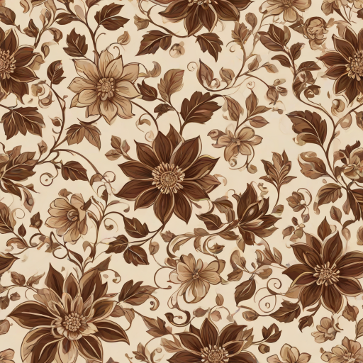 Create a seamless floral pattern featuring large brown and beige flowers with intricate designs, accompanied by smaller flowers and gentle vines on a light beige background.