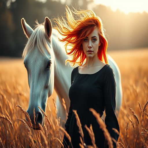 Create a mysterious portrait of a woman with flowing red hair standing in a field of golden grass, with a white horse beside her, captured with a Canon EOS R5 at 50mm, f/1.8 aperture, ISO 100, in soft natural light, highlighting vivid colors and dramatic shadows for enhanced texture and depth.