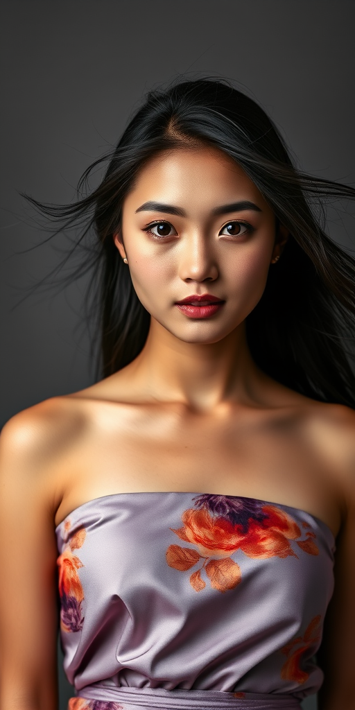 Photographic image of a beautiful young Hmong woman, brown eyes, lips with white lipstick, long hair fluttering in the wind and wearing a silk strapless dress with a soft purple and orange print. monochrome image with only color highlights in the iris of the eyes, lipstick and dress. Gray background.