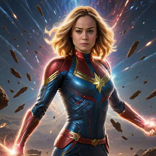 Powerful image of Brie Larson, Captain Marvel's cosmic hero, with her determined expression and glowing fists, soaring through a star-filled galaxy, leaving a trail of energy in her wake as she battles alien spaceships