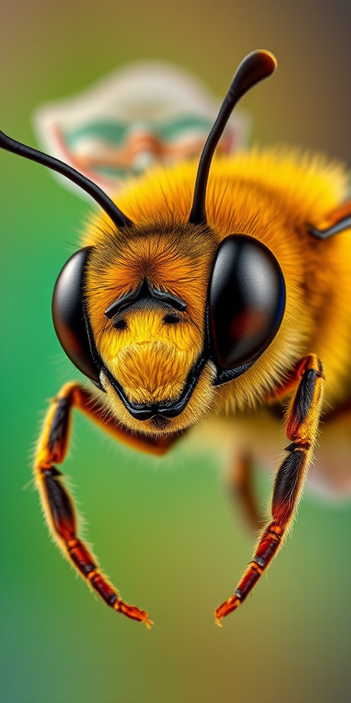 Create a high-resolution cartoon-style image of a bee with exaggerated features, using a macro lens at f/2.8, ISO 100, shutter speed 1/500s, bright studio lighting, and a vibrant background.