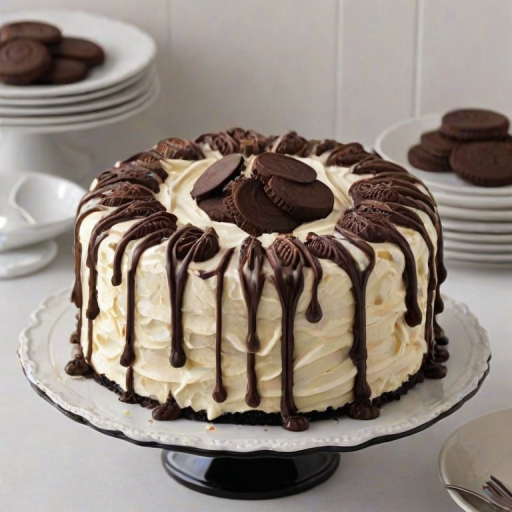 Create an image of a round cake with a light-colored, creamy frosting. The cake should be topped with chocolate ganache drips and decorated with whole chocolate sandwich cookies and swirls of whipped cream. Place the cake on a black cake stand, and ensure the overall presentation looks elegant and enticing.