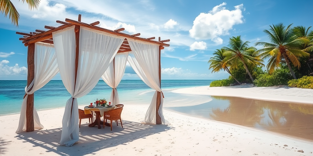 Create a picturesque tropical beach scene featuring a serene, white sandy shore. In the foreground, there's a rustic wooden canopy with white drapes gently flowing in the breeze. Underneath the canopy, a table is set with tropical decor, evoking a sense of relaxation and leisure. The beach extends into a calm, shallow water area with reflections of the sky and surroundings. Palm trees and lush greenery line the edge of the beach, providing a natural, tropical backdrop. The sky is clear with a few scattered clouds, and the overall atmosphere is tranquil and inviting, perfect for a peaceful retreat.