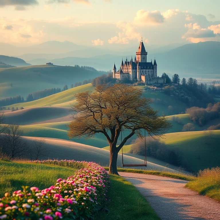 Create a vibrant digital landscape of rolling hills with a majestic castle in the background, a tree with a swing in the foreground, flowers along the path, taken with a Canon EOS R5 at f/8, ISO 200, 24mm focal length, top-down view, soft focus style for a dreamy effect.