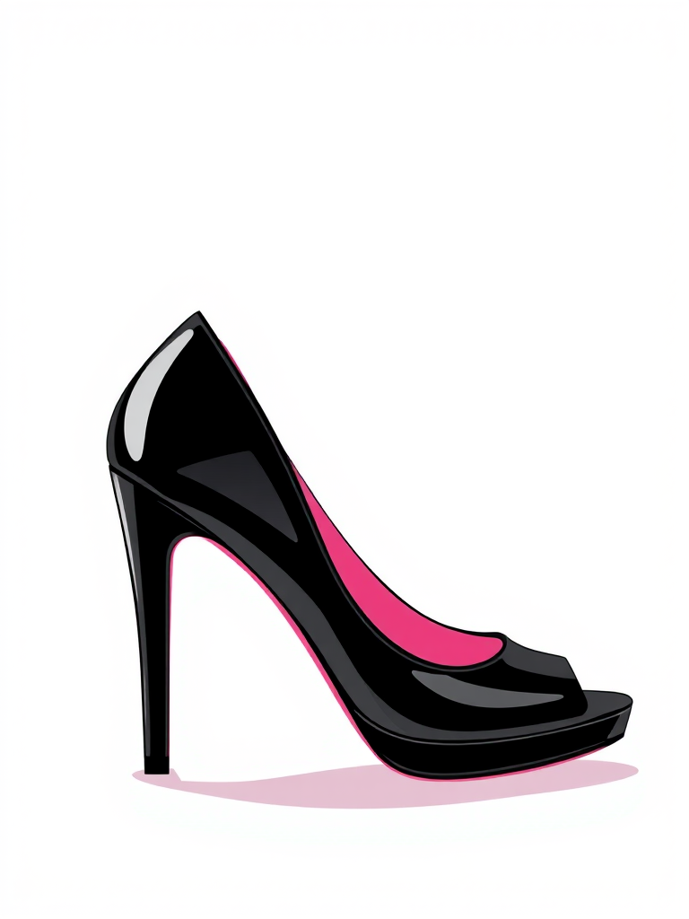 Create a high-resolution vector illustration of a stylish black high-heeled shoe with a pink interior, shot from a side angle using a DSLR camera with a 50mm lens, f/1.8 aperture, ISO 100, and soft natural lighting.