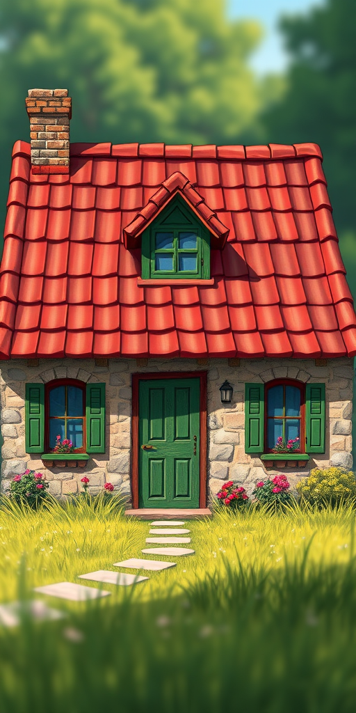 Regenerate a detailed illustration of a cozy cottage with a red tiled roof and green shutters, surrounded by lush grass, shot with a DSLR camera at 50mm, f/2.8 lens, ISO 100, in natural daylight, with a slight tilt-shift effect for depth.