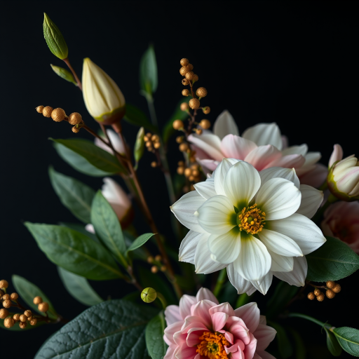 Create a high-resolution image of a floral arrangement with green leaves and gold accents on a black background, using a Canon EOS R5 camera, 50mm f/1.2 lens, aperture set to f/2.8, ISO 100, and a soft focus style to enhance depth and detail.