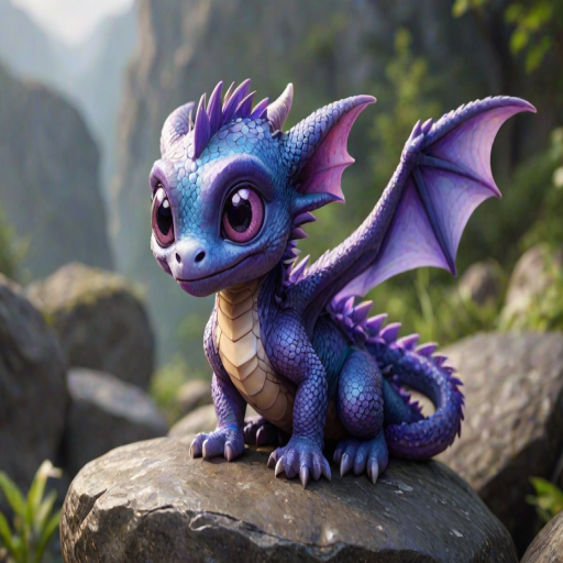 a cute, small dragon with big eyes and purple scales, sitting on a rock with small wings and a playful expression