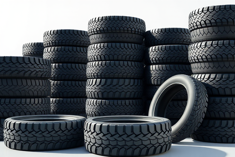 highly detailed 3D render of various tire stacks and individual tires with realistic textures and shadows, 50mm lens, f/1.8 aperture, ISO 100, soft lighting with highlights, viewed from a slightly elevated angle, using a DSLR camera