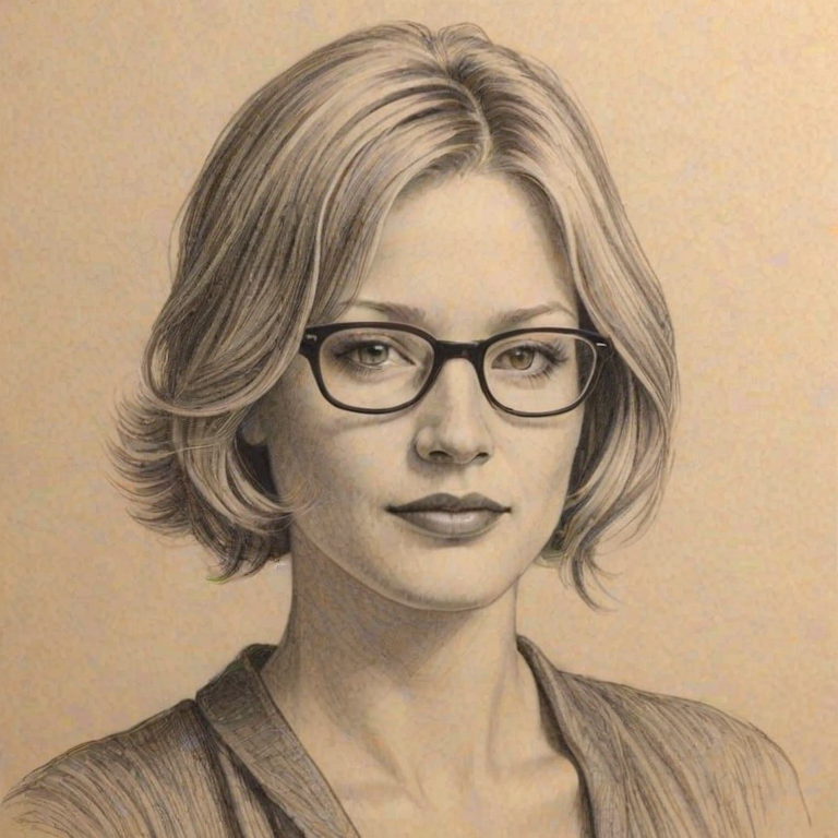Superb Joey Lauren Adams, pencil sketch, portrait of Delightful woman 1928s in glasses, hair style beatnik, outline, clear lines, fine lines, 8k