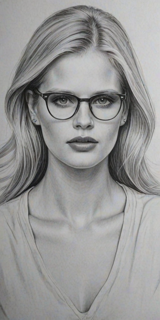Beauteous Lara Stone, pencil sketch, portrait of Enchanting woman 1933s in glasses, hair style beatnik, outline, clear lines, fine lines, 8k