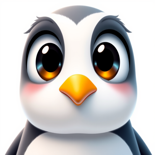 Create a high-resolution image of a cartoon penguin with large expressive eyes, using a Canon EOS 5D Mark IV, aperture f/2.8, ISO 100, 50mm lens, front view with soft lighting and a clean white background.