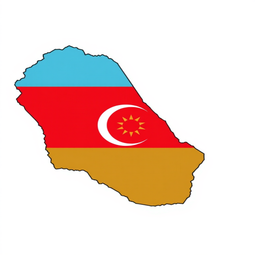 Create a high-resolution digital illustration of the Azerbaijan flag, featuring the blue, red, and green horizontal stripes with a crescent and star, set against a detailed map outline of Azerbaijan, captured with a DSLR camera in landscape orientation, using a 50mm lens at f/8 aperture, ISO 100, and a shutter speed of 1/125 sec.