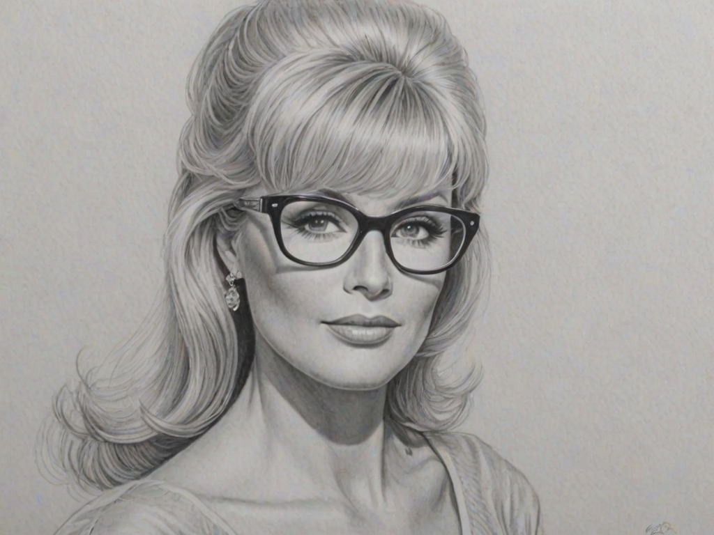 Enticing Linda Evans, pencil sketch, portrait of Dazzling woman 1955s in glasses, hair style beatnik, outline, clear lines, fine lines, 8k