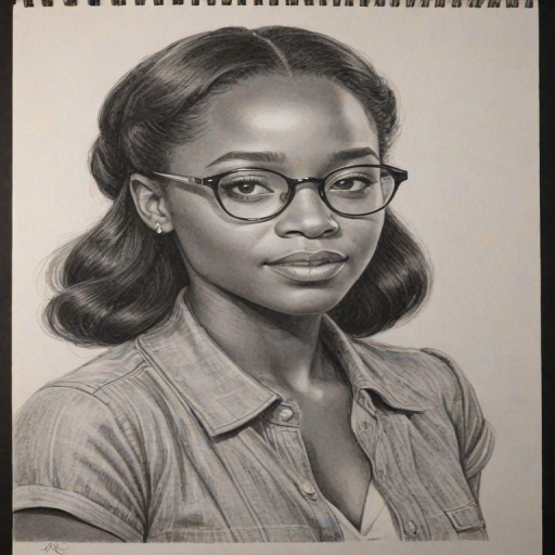 Charming Aja Naomi King, pencil sketch, portrait of Fetching woman 1945s in glasses, hair style beatnik, outline, clear lines, fine lines, 8k