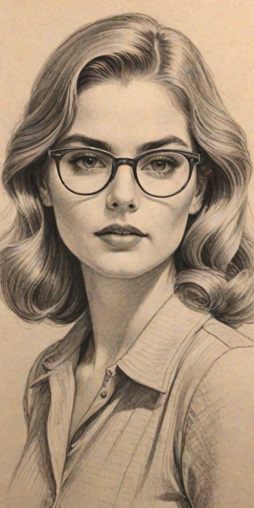 Resplendent Brighton Sharbino, pencil sketch, portrait of Charming woman 1938s in glasses, hair style beatnik, outline, clear lines, fine lines, 8k